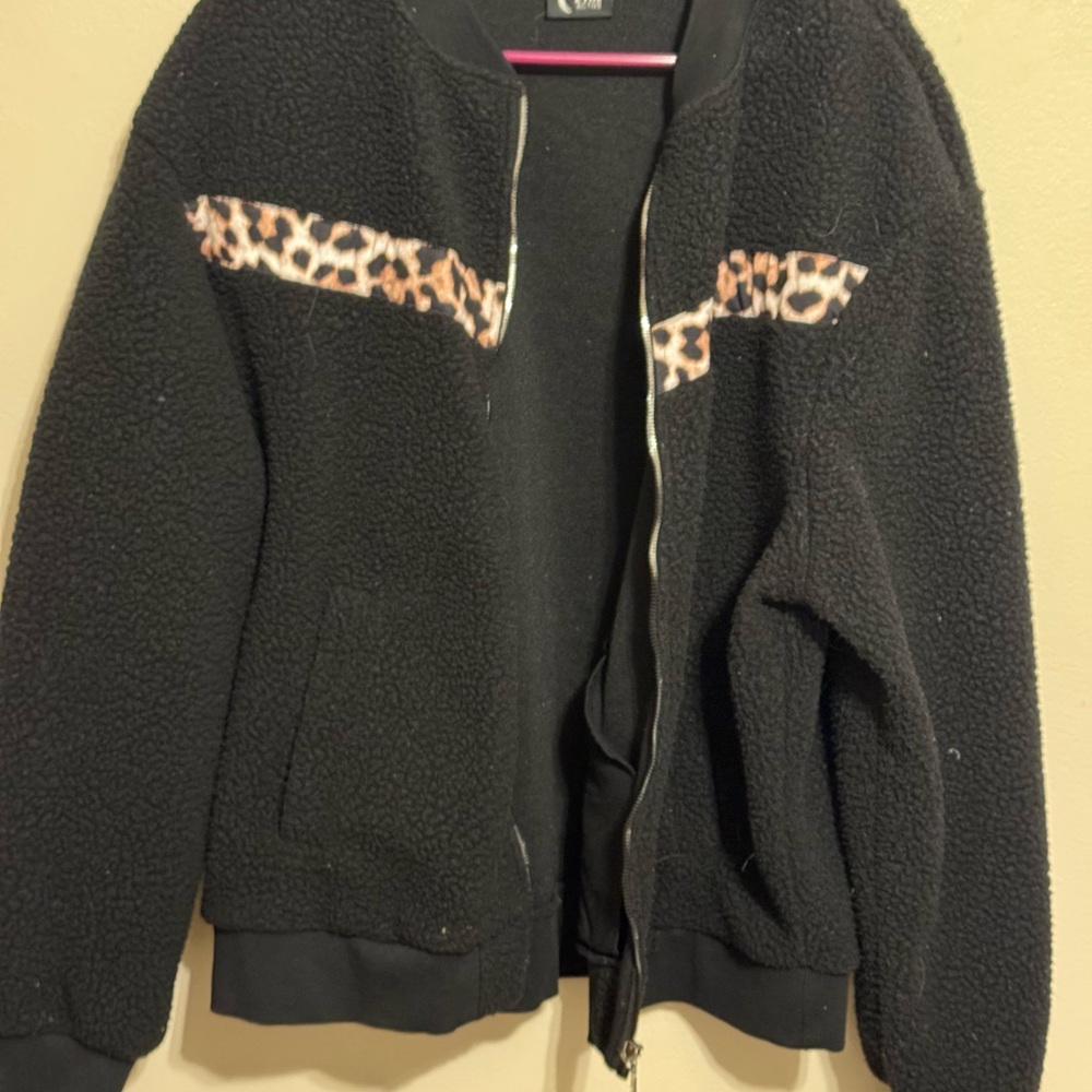 ZYIA Black Teddy Jacket with Leopard Details